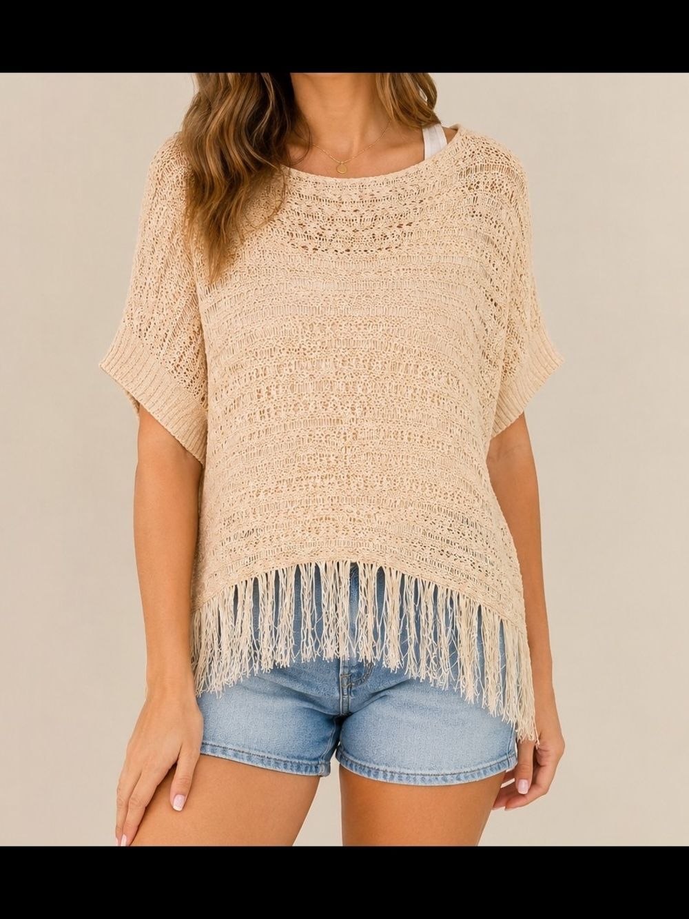 Stem A & Vine Beige Open Knit Fringe Poncho Style Top Boho Knit